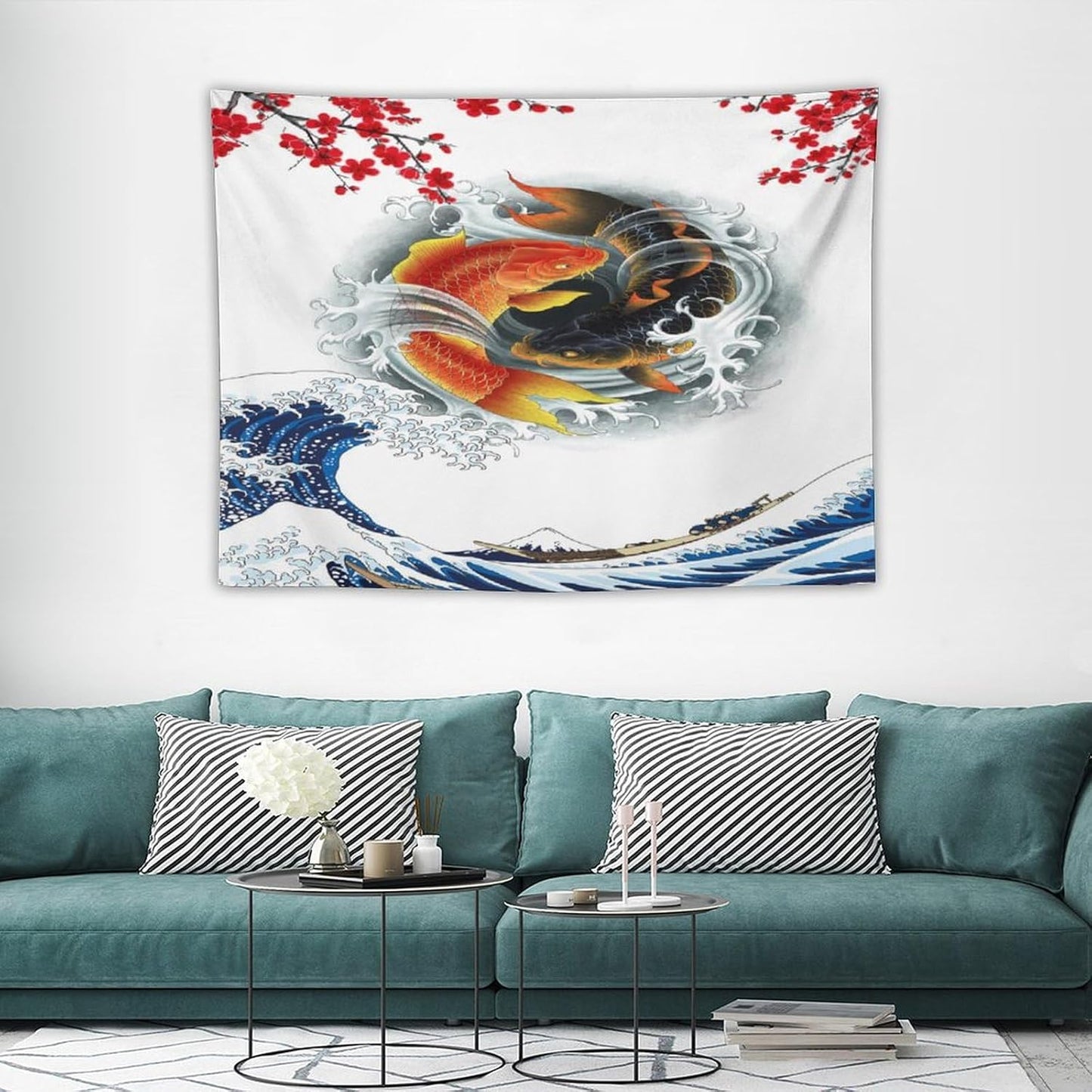Houselerax Koi Fish Tapestry, Japanese Style Yin Yang Big Wave Cherry Blossoms Tapestries Wall Hanging for Bedroom Living Room Office Decor 40"x30"