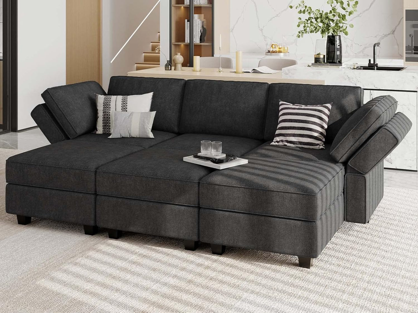 Belffin Terry Fabric Modular Sectional Sleeper Sofa Bed with Storage Convertible Sectional Couches for Living Room 6 Seaters Black Modular Sofa