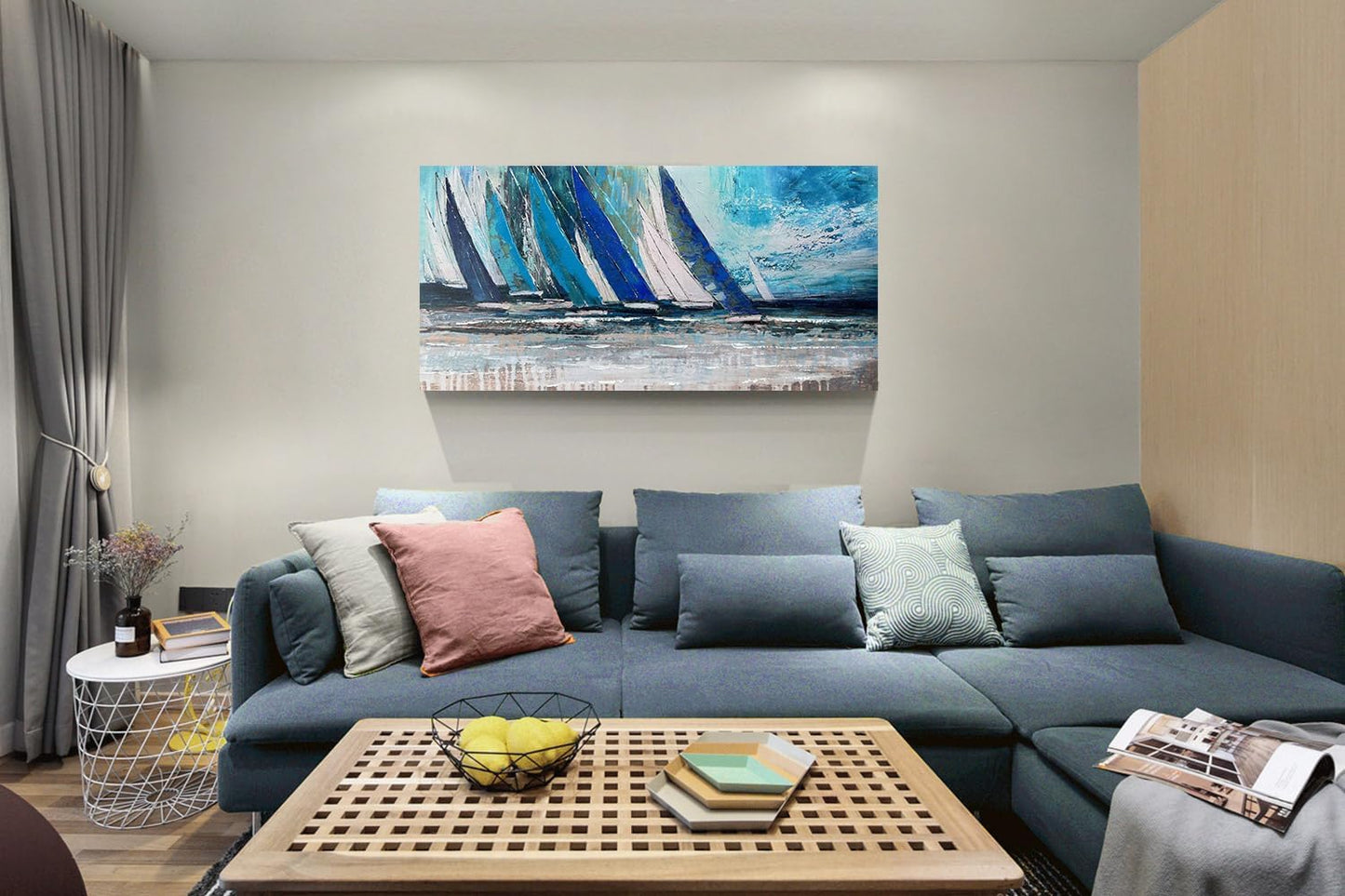 Arjun Blue Abstract Wall Art Canvas Teal Ocean Sailboat Picture Modern Turquoise Coastal Nautical Painting, Extra Large 58"x29" Framed Textured Artwork for Living Room Bedroom Home Office Wall Decor
