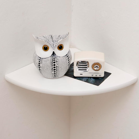 Corner Shelf, White Solid Oak Wood Floating Corner Shelves Wall Mount Round End Floating Speaker Rack Display Shelf for Small Plant Photo Frame (White, 7in)