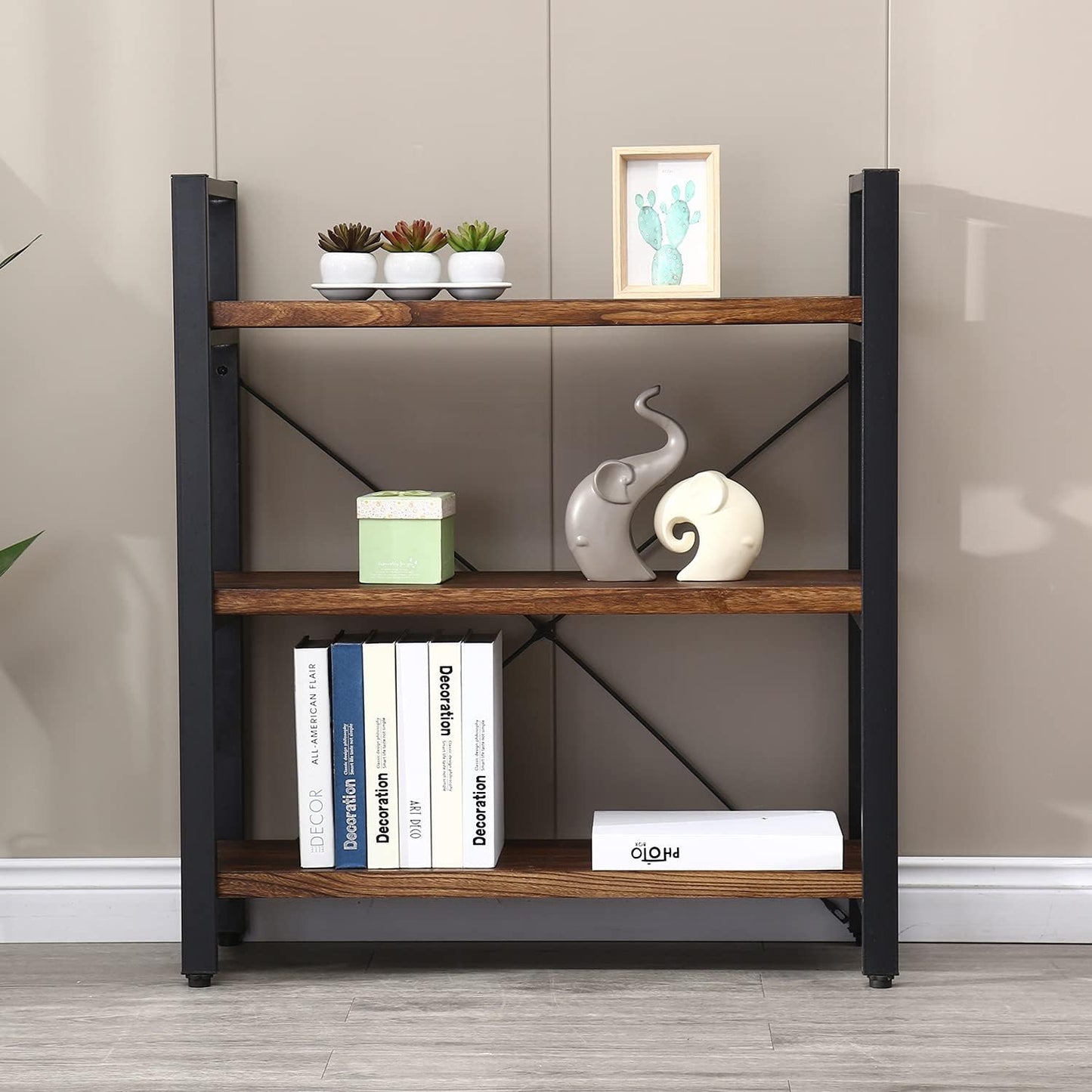 Natural Real Solid Wood Bookcase,3 Tier Metal and Wood Open Book Shelf Storage Farmhouse Wide Etagere Bookcase for Office Living Bedroom