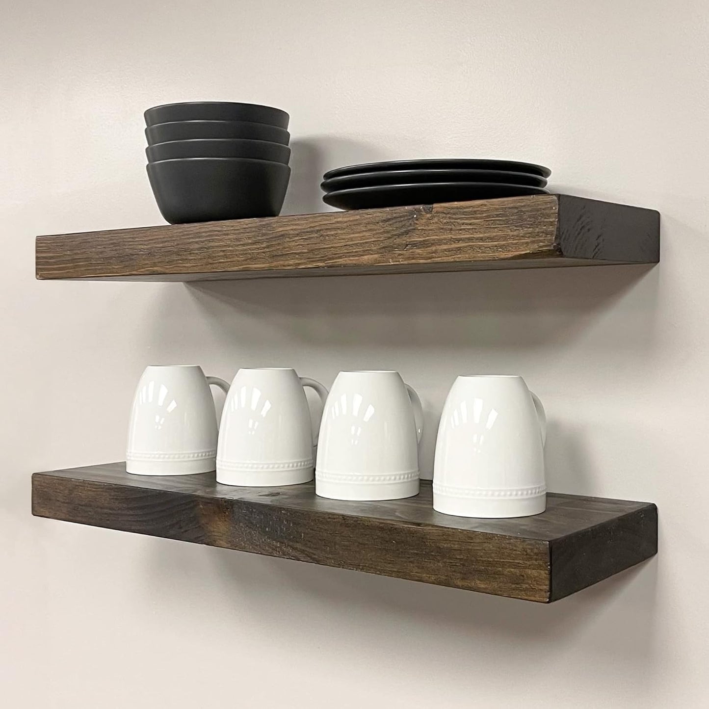 URBANDI, Rustic Floating Shelves, Set of 2, Hidden Bracket, Solid Wood, Heavy Duty, Wall Mounted Shelves, (Dark Brown, 48Wx6D)