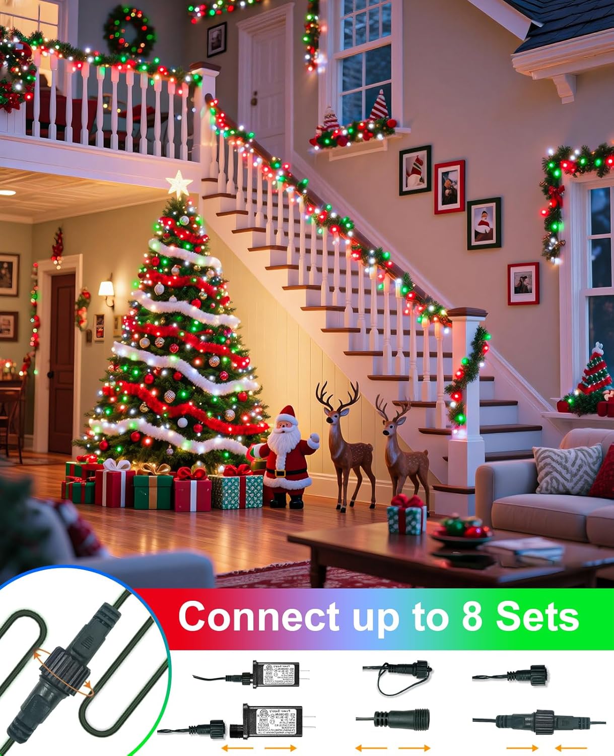 Christmas Lights Outdoor 40FT 120 LED, Green Wire Christmas Tree Lights with Waterproof, 8 Modes & Timer, Connectable String Twinkle Light for Indoor Yard Party Holiday Decorations, Red White Green