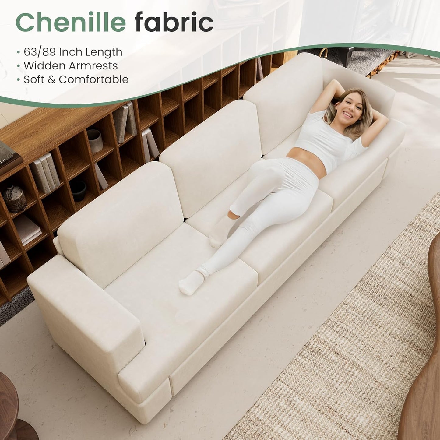 Sofa, 63” Comfy Loveseat Sofa Couch with Deep Seats, Couch for Living Room, Modern Sleeper Sofa, Beige Chenille