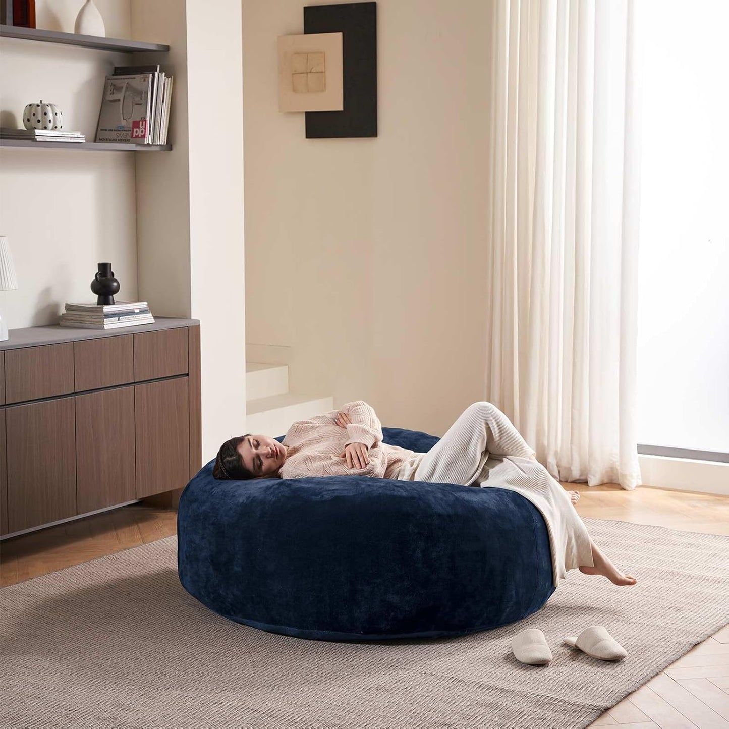 5FT，Big Bean Bag Chairs for Adults，Large beanbag with Filler Included，Memory Foam Material，Easy to Clean and Washable Corduroy Fabric，Suitable for Living Room and Bedroom (Blue, 5 Foot)