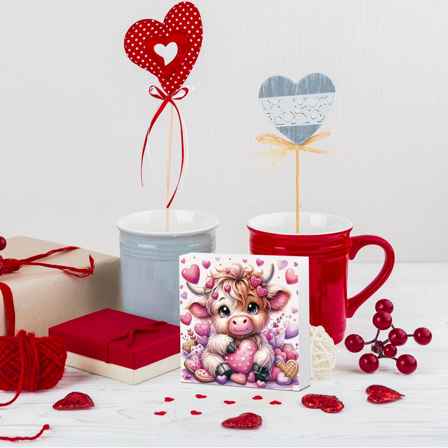 Valentines Day Decor Valentines Day Decorations Valentines Day Office Decor Valentines Day Table Decor Pink Valentines Day Decorations Valentines Decor Gifts for Girlfriend, Highland Cow Wooden Decor