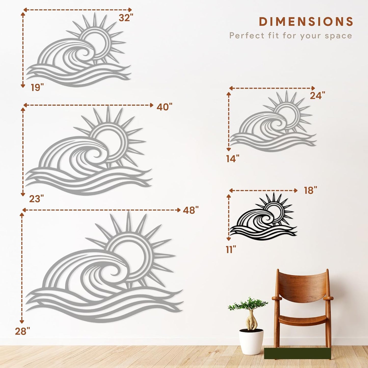 Wita Home Ocean Wave Metal Wall Art, Sun Beach Decor, Coastal Large Wall Sculpture for Home, Indoor/Outdoor Use, Nautical Wall Hanging, Eye-Catching Addition to Living Room (Black, 18 x 11 inches)