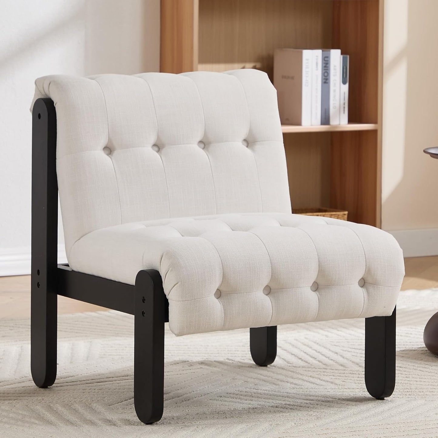 Modern Armless Accent Chair for Living Room, Beige Chenille Button Tufted Upholstered Lounge Reading Chair with Black Wood Frame