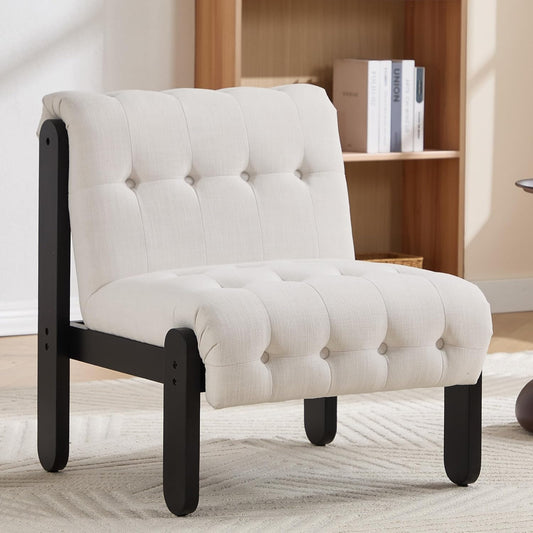 Modern Armless Accent Chair for Living Room, Beige Chenille Button Tufted Upholstered Lounge Reading Chair with Black Wood Frame
