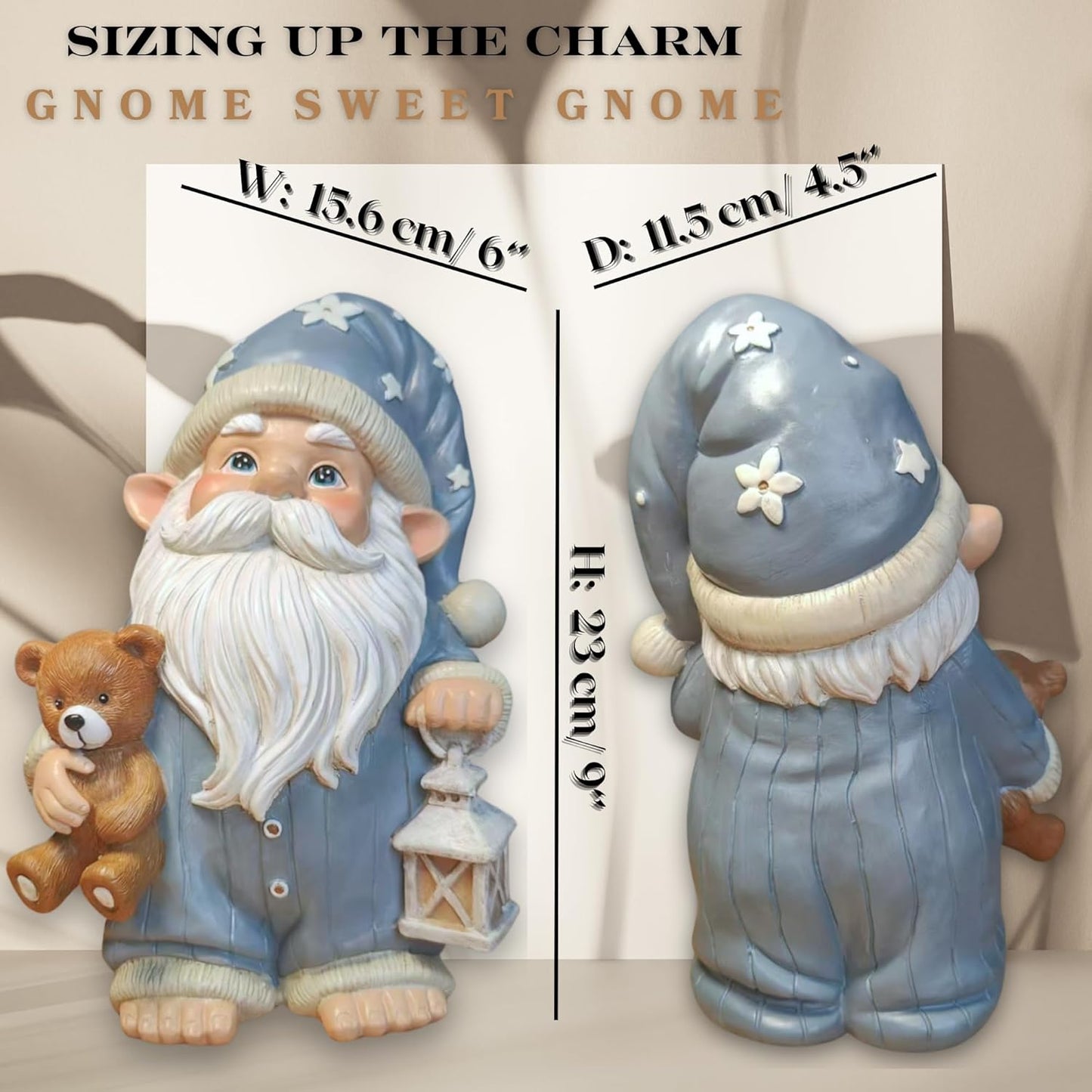 Sleepy Garden Gnome with Teddy Bear & Lantern - 9" Weatherproof Resin Statue - Indoor Outdoor Decor - Whimsical for Home, Patio & Lawn