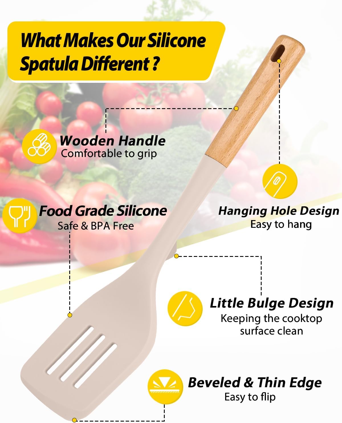 Pack of 2 Large Silicone Spatula, Heat Resistant Solid Turner, Non Stick Slotted Spatulas with Wooden Handle, Ideal Kitchen Utensils for Flipping, Pancakes, Eggs, Fish(KHAKI)