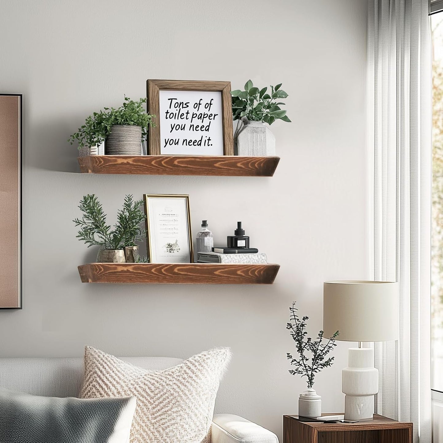 16"x6.8"x1.6" Slanted Floating Wall Shelves 2-Pack - Rustic Brown Finish, Heavy-Duty Solid Wood Design with Hidden Brackets - Perfect for Living Room, Kitchen, Bathroom, or Office