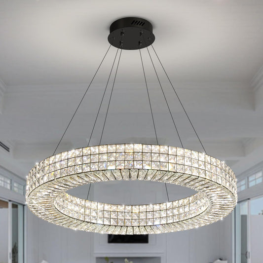 Dia 32" Ring Crystal Chandelier Modern Black Ring Chandelier Adjustable Height Luxury Crystal Pendant Ceiling Light Fixture for Dining Living Room Bedroom