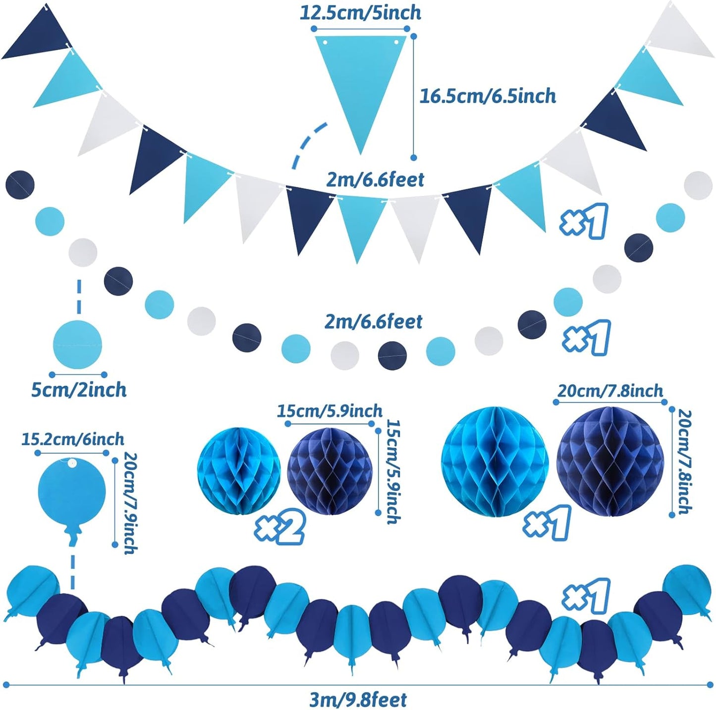 Blue Party Decorations, Easy Assembly Paper Fan Honeycomb Ball Garland Hanging Swirl Navy Blue Party Supplies for Boy Men Graduation Birthday Bridal Shower Baby Shower Party Decorations