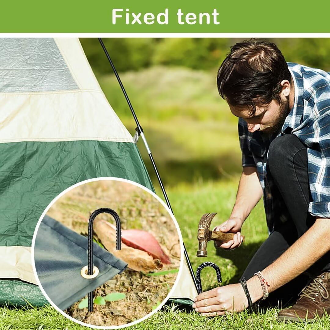 Ground-Stakes-Heavy-Duty-12 inch, J-Hook Rebar Stakes Black Coated Anti-Rust 10pcs Garden Stakes Metal Ground Anchors for Garden Dog Fence Chicken Coop Christmas Decorations Deer Fence