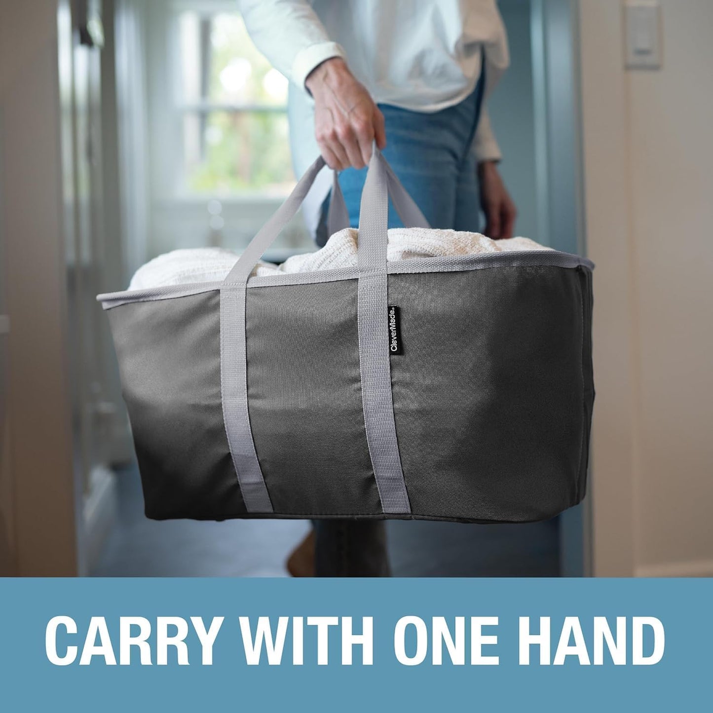 CleverMade Collapsible Laundry Tote - LUXE Navy Noir Cream 2Pack 50L - Foldable Storage Organization Container Clothes Laundry Room Storage Solution