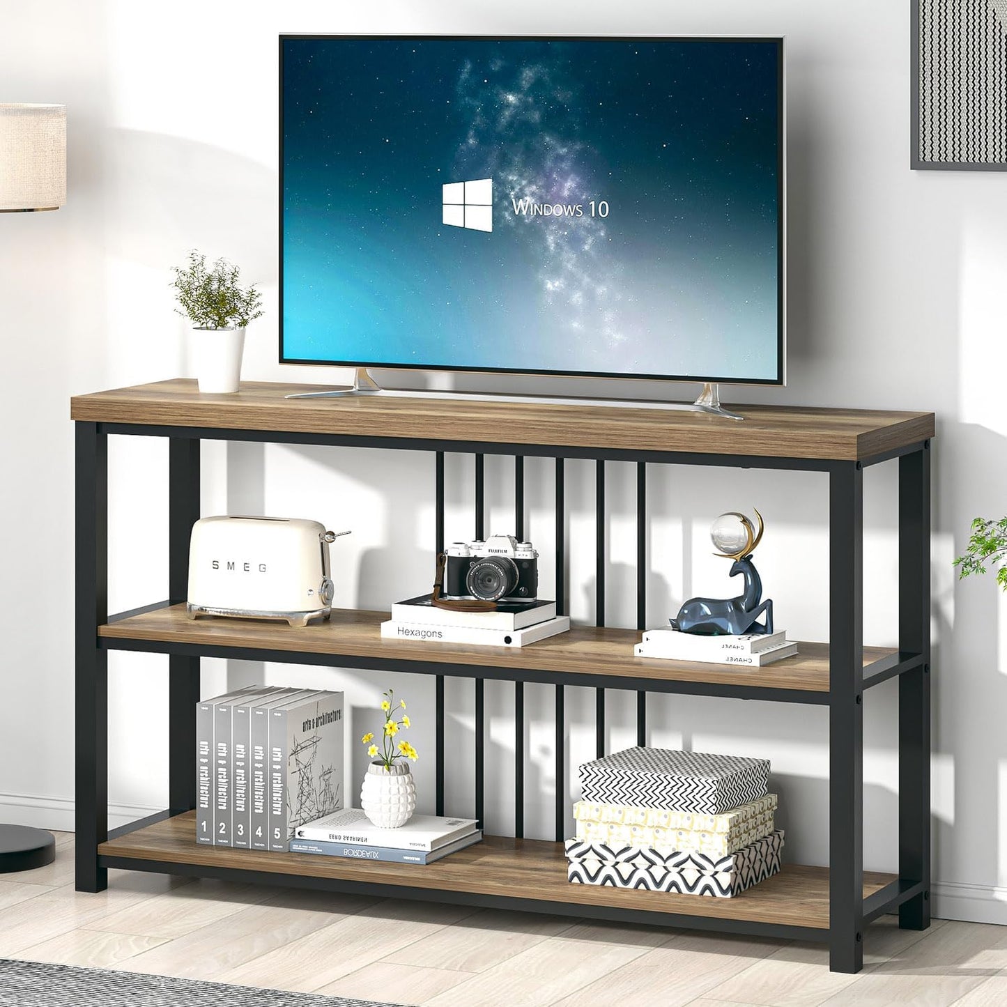 FOLUBAN Modern Sofa Table for Entryway, 3 Tier Narrow Console Table for Living Room Hallway Behind Couch, Rustic Oak