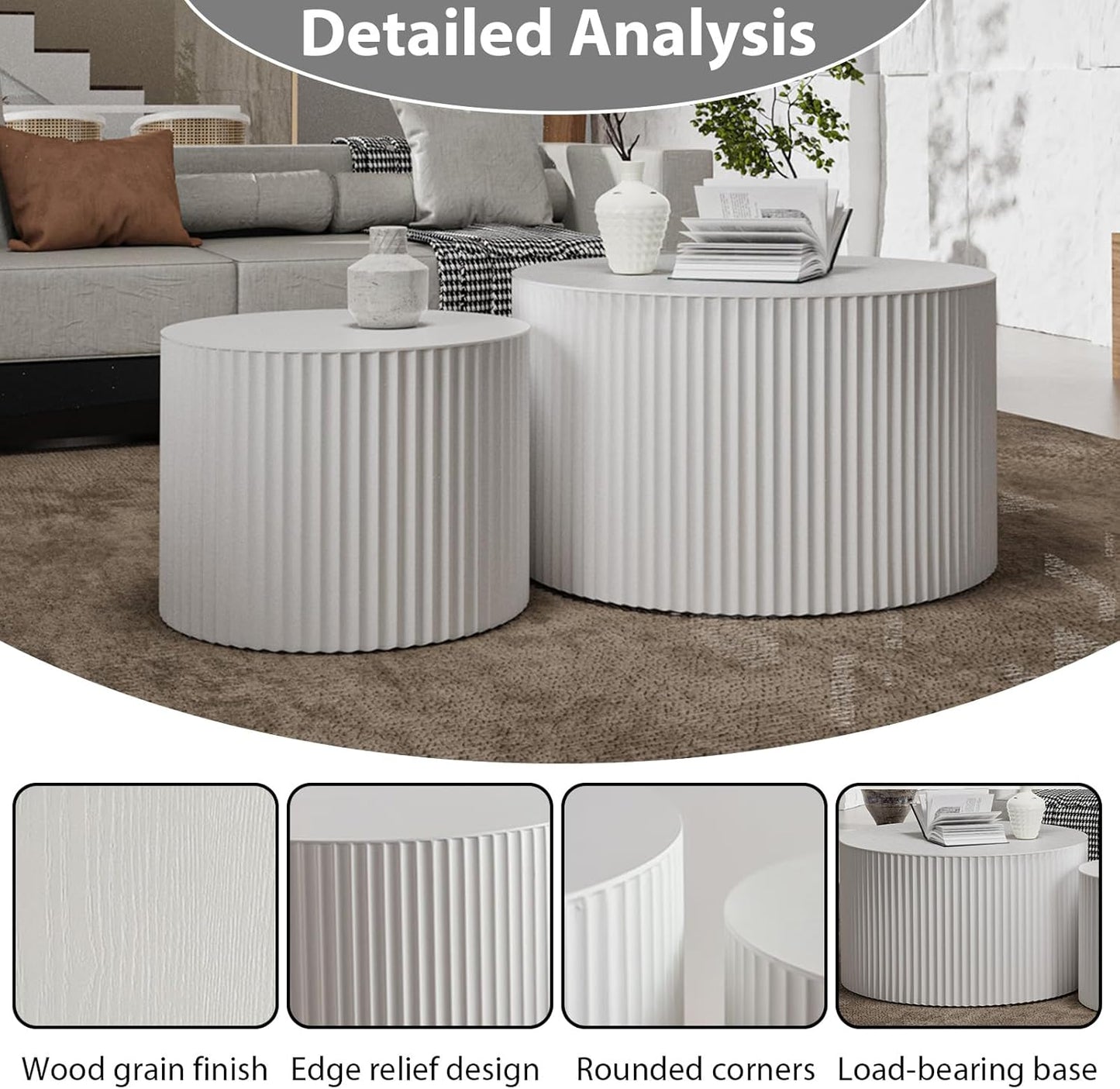 Round Nesting Coffee Table Set of 2 Handcraft Circle Fluted Nesting Coffee Tables Circular Side Table Drum Accent End Tables for Living Room Bedroom (White A Large)