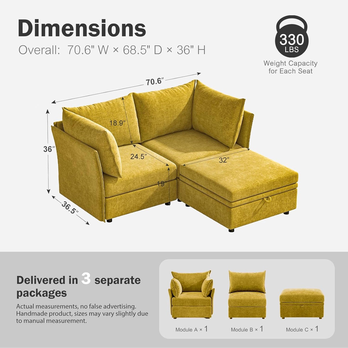 Luxury Modular Sectional Sofa, L-Shaped 3-Seat Couch with Storage Ottoman Deep Seat & Reversible Chaise Lounge Chenille Yellow for Compact Spaces, Apartments, Dorm
