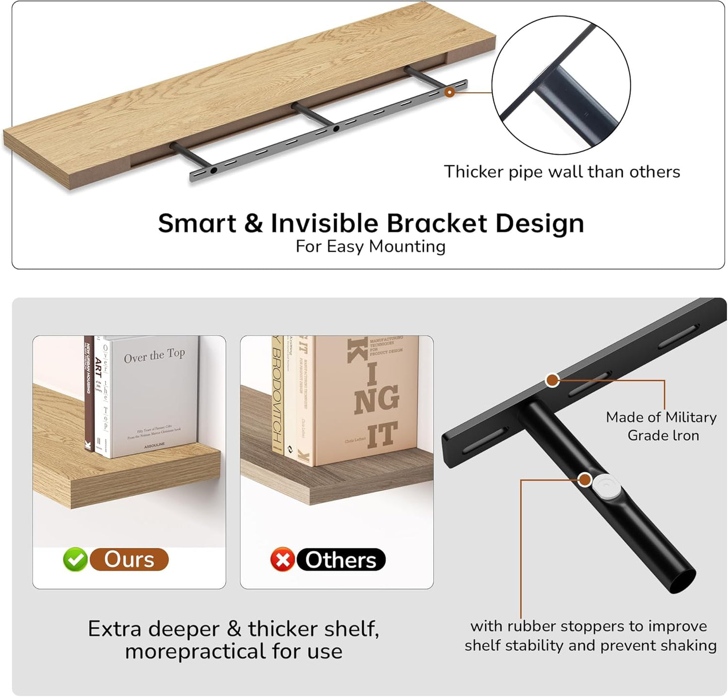 Fun Memories 55 Inch Floating Shelves - 9 Inch Deep Rustic Wooden Wall Shelves - Extra Deeper & Thicker Wall Mounted Storage Shelf for Living Room, Kitchen, Farmhouse - 55" W x 9" D x 1.8" H - Oak
