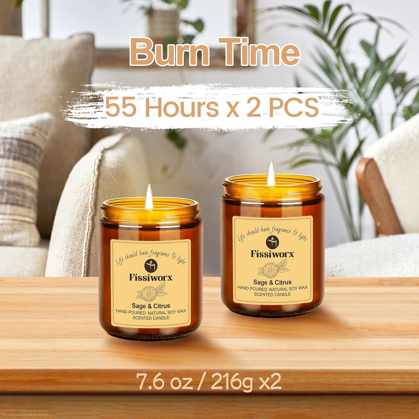 Sage & Citrus Scented Candle Set 2 Pack – Natural Soy Wax Hand-Poured – 60 Hour Long Lasting Burn – Relax and Relieve Stress – Premium Aromatherapy Candle for Home Decor, Gifts