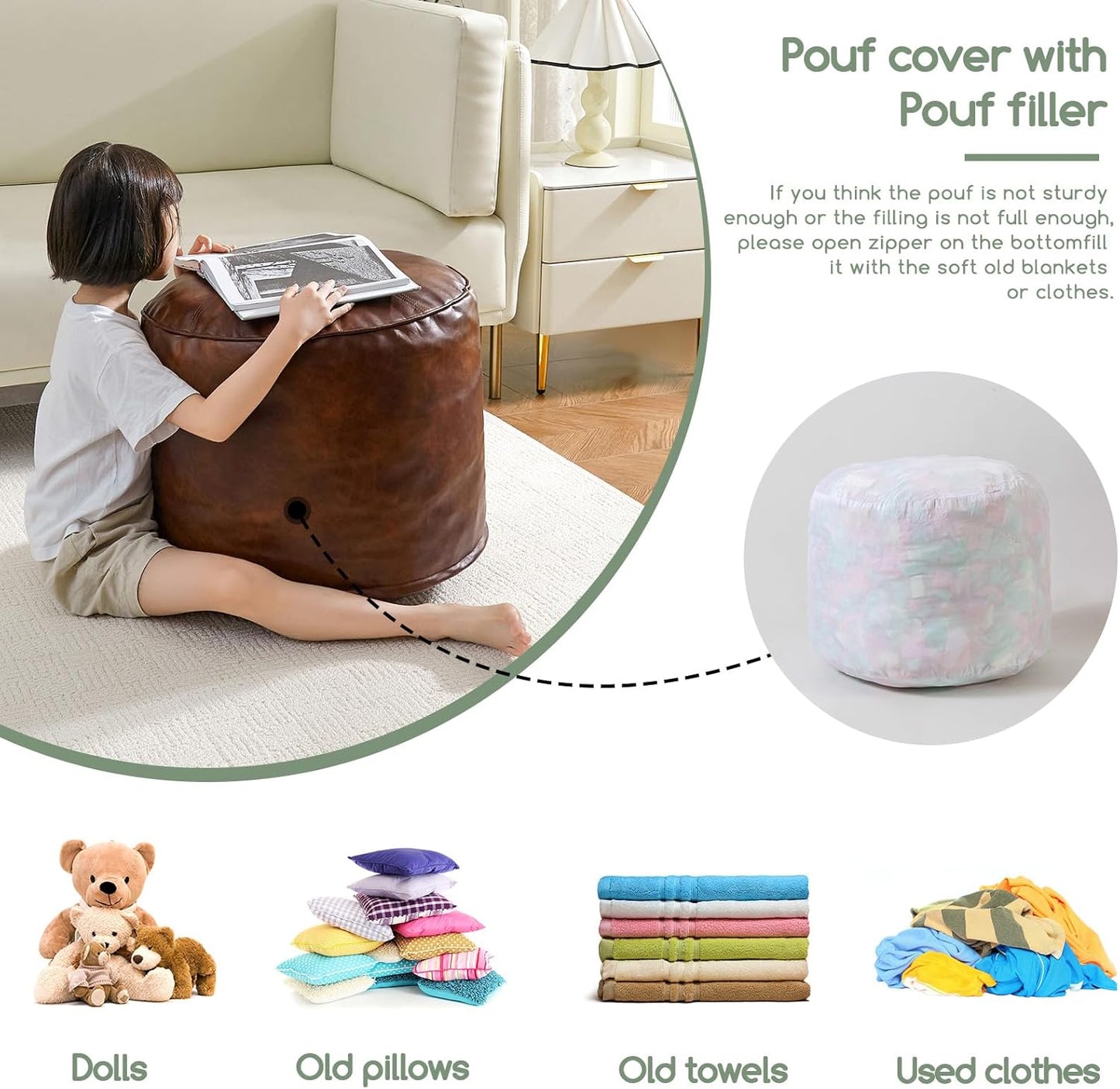 HIGOGOGO Round Stuffed Pouf Ottoman, Pu Leather Poufs with Foam Chunk Filling, Furry and Fluffy Pouf Foot Stool Storage Ottoman, 20 X 15 Floor Poufs Foot Rest for Living Room,Dark Brown