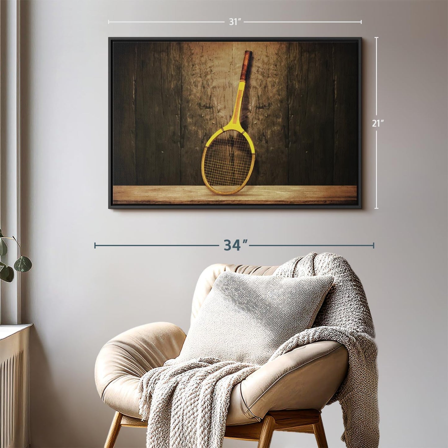 ElephantStock Vintage Tennis Racket Wall Art - Horizontal Framed Canvas - 1-Piece Living Room Wall Decor - Photography Sports Canvas Print - Brown and Black Decor for Wall - 31" X 21"
