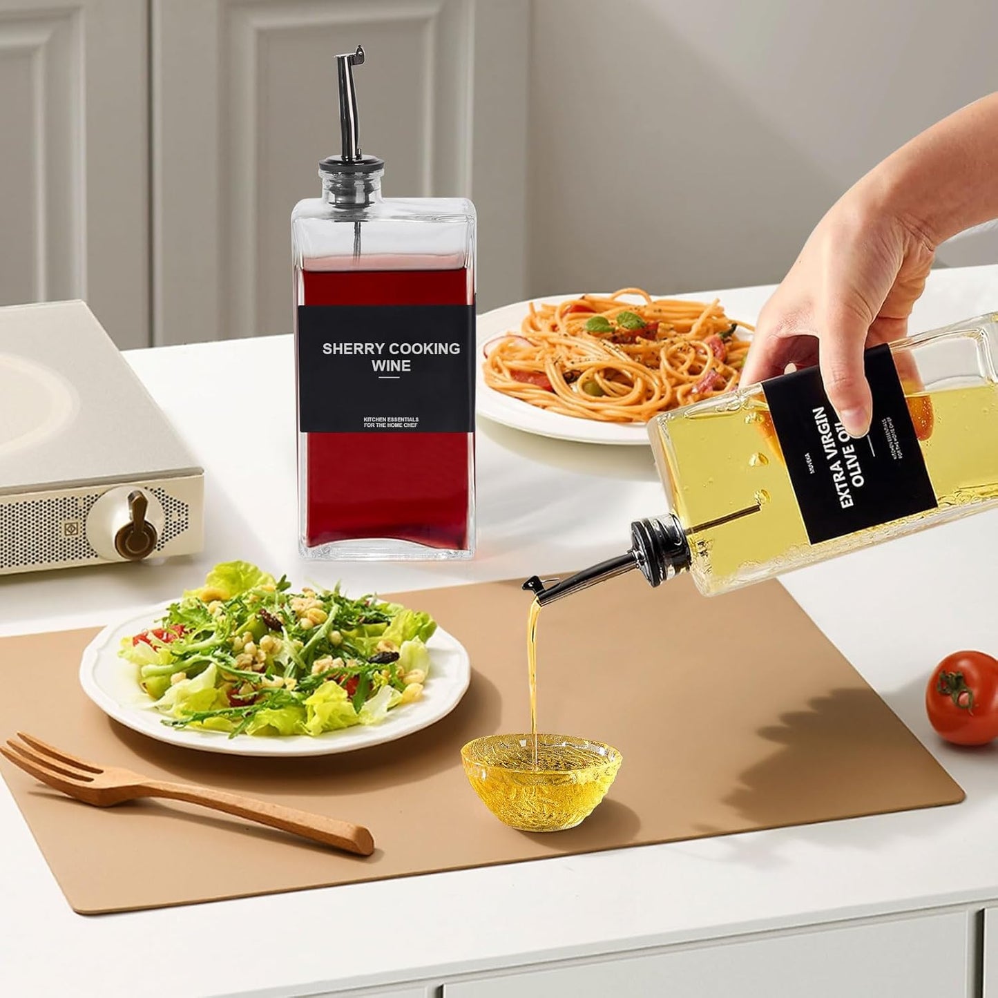 OKYUK Olive Oil Dispenser Bottle for Kitchen Cooking, 16.9oz/500ml Soy Sauce Coffee Syrup Oil and Vinegar Dispenser Set, with Silicone Funnel, Labels (2PCS, Black)