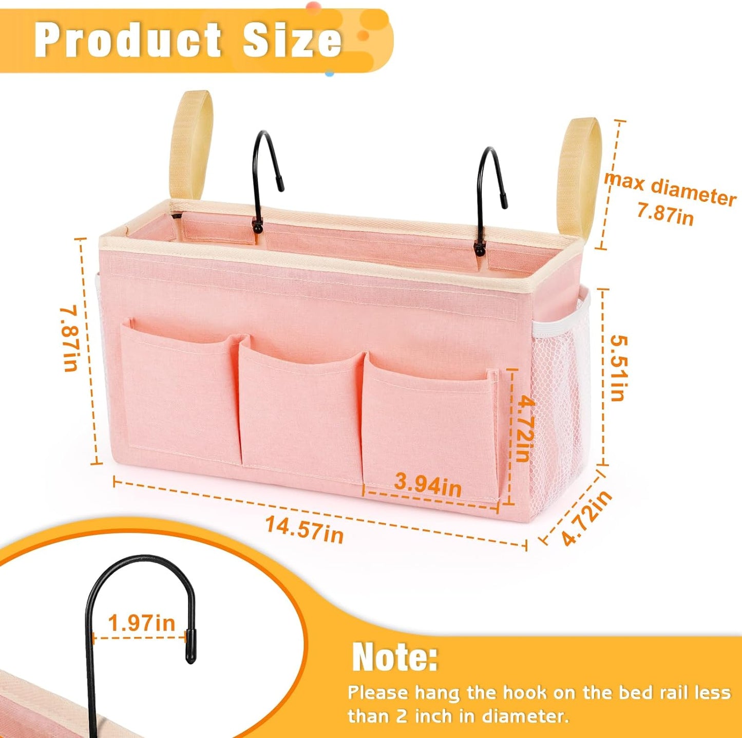 Bedside Organizer with Fixed Straps and Water Bottle Holder for Home, College, Dorm, Bunk, Hospital, Crib, Bed Rails - Pink