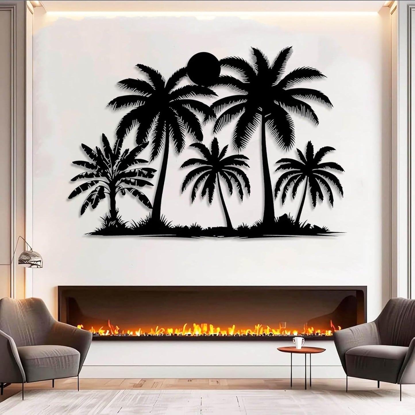 Tuglona Metal Palm Tree with Sunset Wall Decor, Tropical Palm Tree Metal Wall Art, Tropical Wall Decor, Sun Wall Art, Beach Wall Decoration, Coastal Trees Wall Hanging (White, 48"x33"/121x84cm)