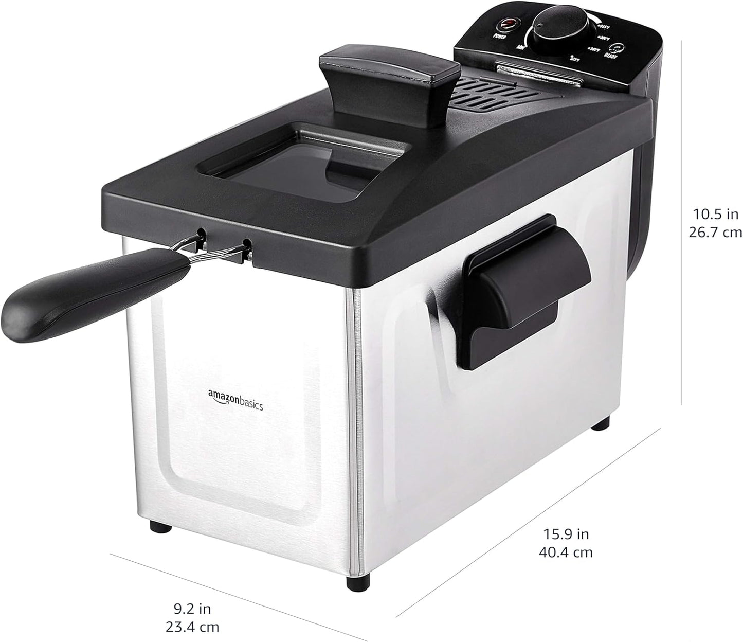Amazon Basics 3.2-Qt (3.0L) Deep Fryer with 12-Cup Oil Capacity, Adjustable Temperature, Easy Draining Basket, Stainless Steel Exterior, Viewing Window, 1500W, Black & Silver