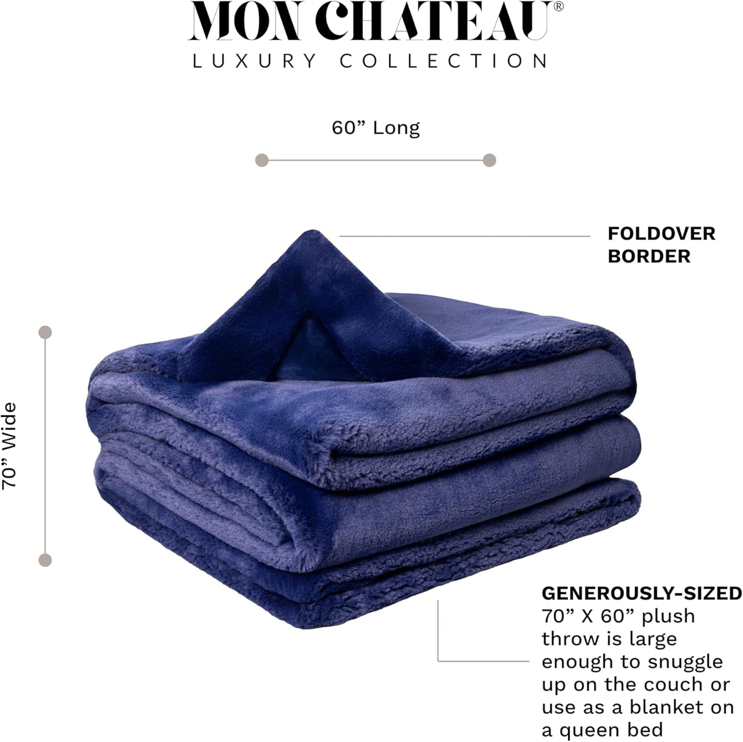 Mon Chateau Luxury Ultimate Plush Faux Fur Throw with 6cm Foldover for Couch, Sofa, or Bed - Plush Ultra Soft Blanket for Sleeping or Home Décor, 60" x 70"(Navy)
