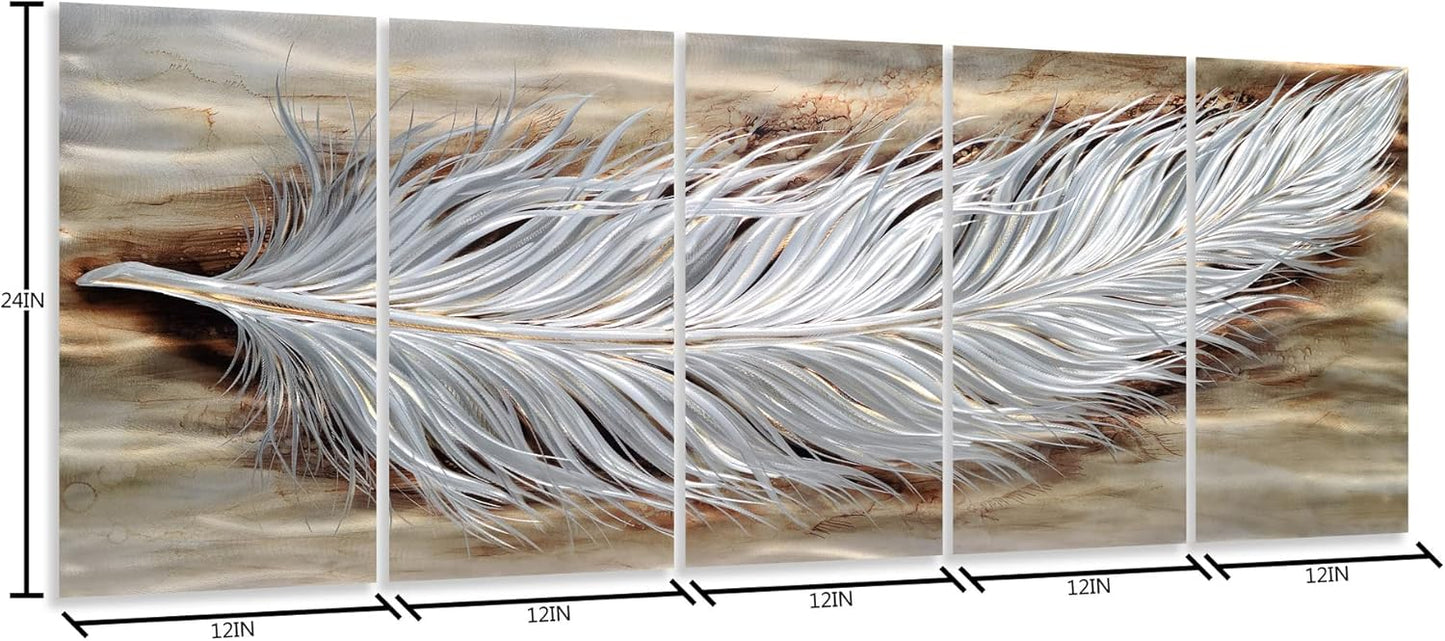 Yihui Arts Rustic Feather Metal Wall Art, Brown and Silver Aluminum Artwork, 5 Panels Artwork for Living Room Farmhouse Dinning Office Decor
