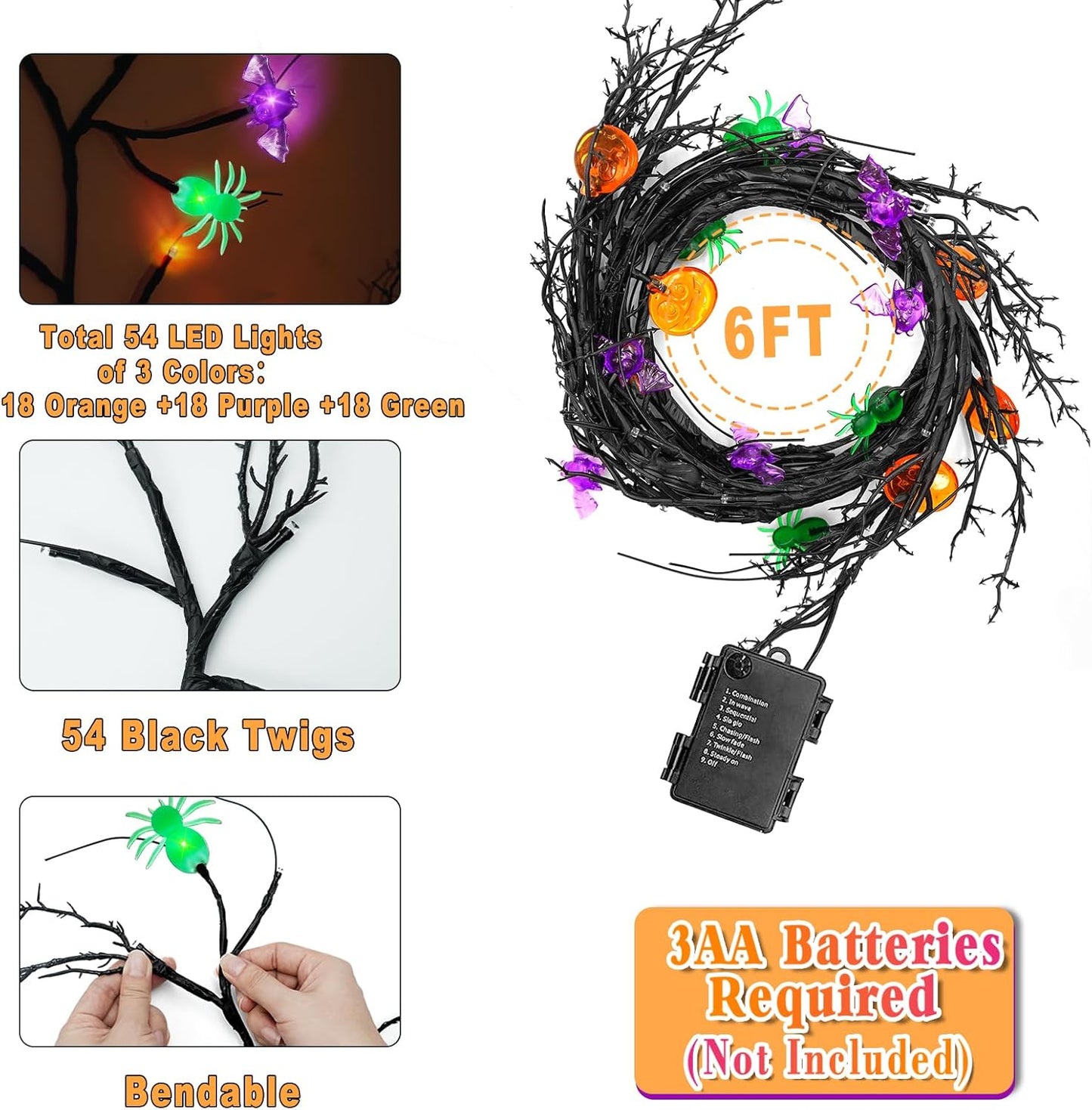[8 Modes & Timer] 6 Ft Halloween Willow Vine Twig Decor Garland with Bats Pumpkins Spiders Lights, 54 LED Battery Operated Halloween Lights for Indoor Home Mantle Fireplace Decor