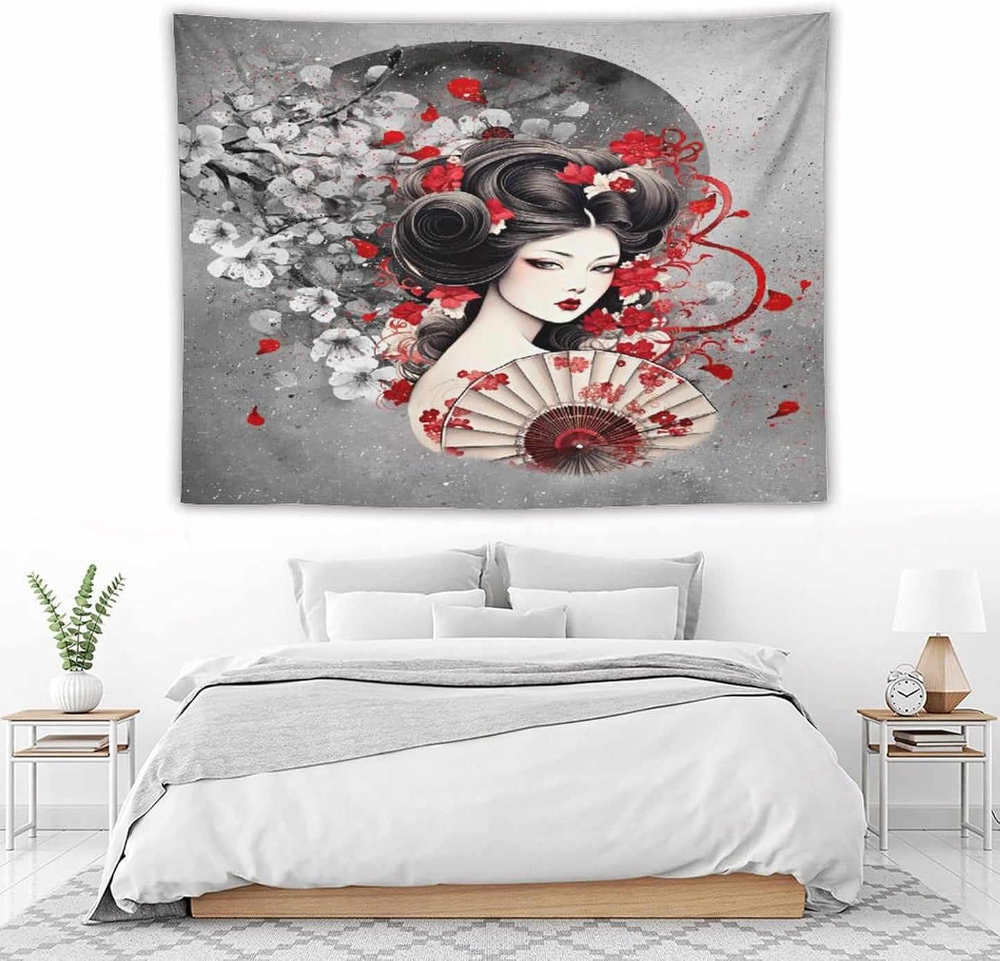 Japanese Geisha Tapestry Asian Red Cherry Blossom Red Sun Traditional Kimono Folk Tapestries Home Decor for Living Room Bedroom Apartment Farmhouse Dorm 80"x60"
