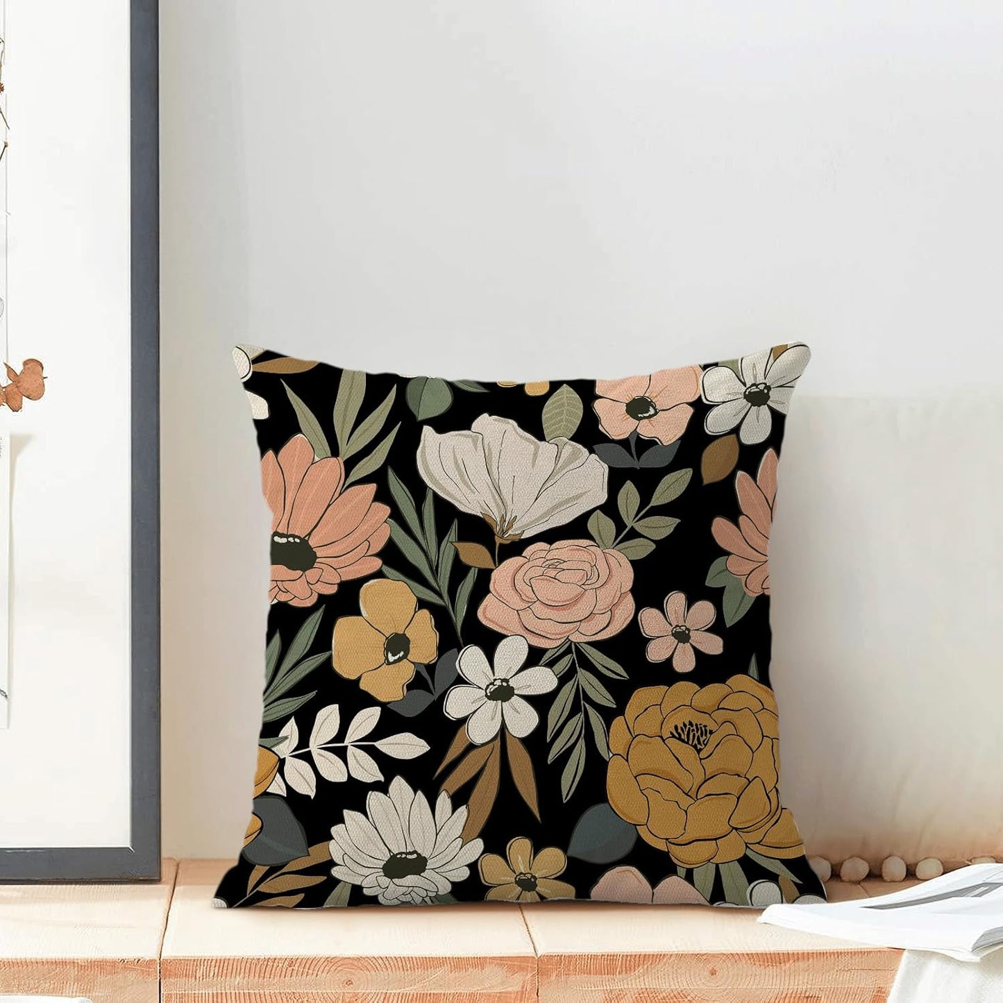 CXMEIFLY Spring Floral Pillow Covers 20 x 20 Inch Set of 2 for Vintage Pink Mustard Yellow Cream Flowers Decor Throw Pillows Plant Black Outdoor Decorative Cushion Cases for Couch Bed Decorations