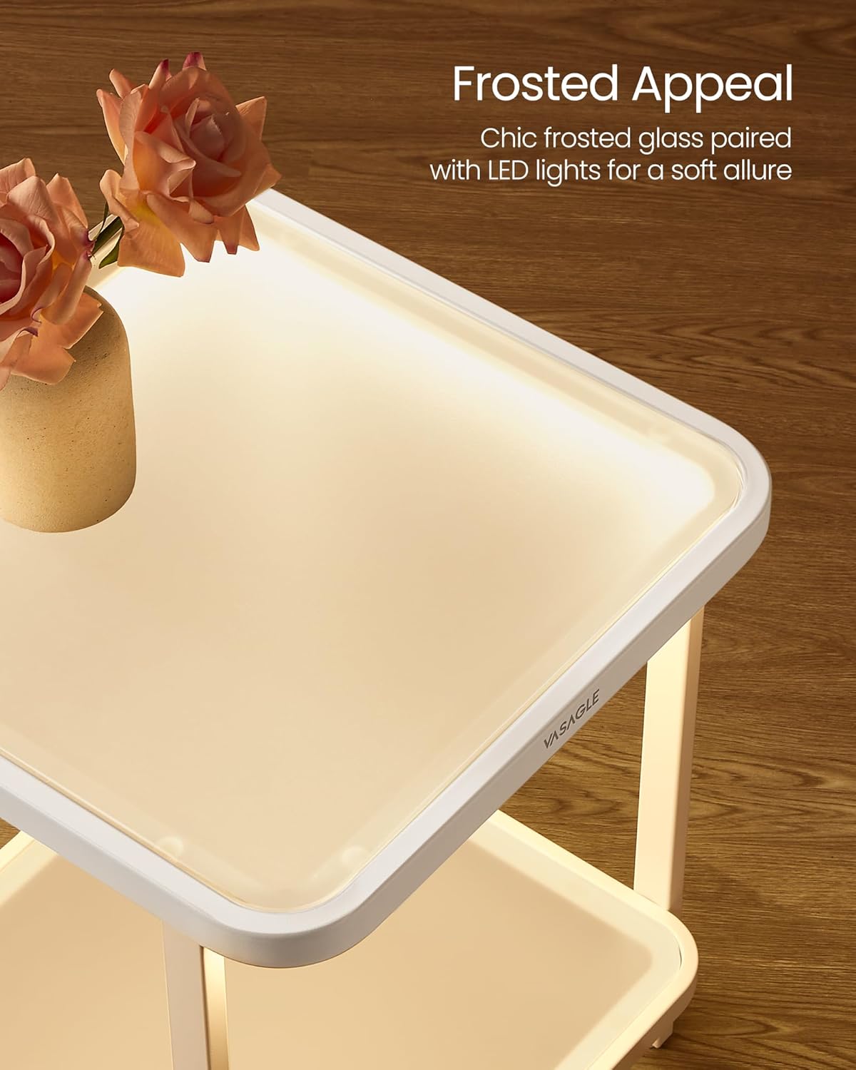 VASAGLE End Table, 2-Tier Side Table with LED Lights, Modern Nightstand, Square Bedside Table, Frosted Glass, Bottom Shelf, for Bedroom, Cloud White and Pearl White ULET232W01