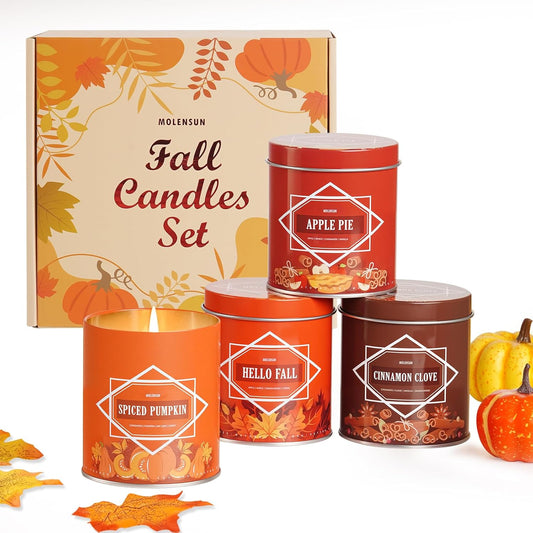 Fall Candles – 36oz (4×9oz) Soy Candles Gift Set with Autumn Scents: Pumpkin Spice, Cinnamon Clove, Apple Pie, Hello Fall – Gifts for Women & Men, Autumn Home Decor