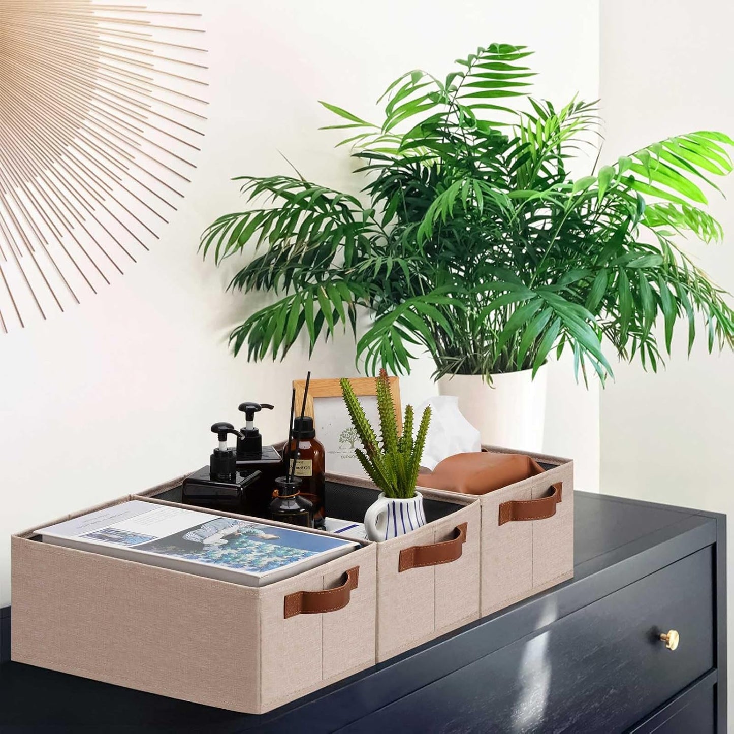 GhvyenntteS Small Fabric Storage Bins 12 Pack, 11.8" x 7.87" x 5.11" Storage Basket with Leather Handles, Closet Storage Bins for Shelves, Storage Baskets for Shelves, DVD Storage (Beige Yellow)