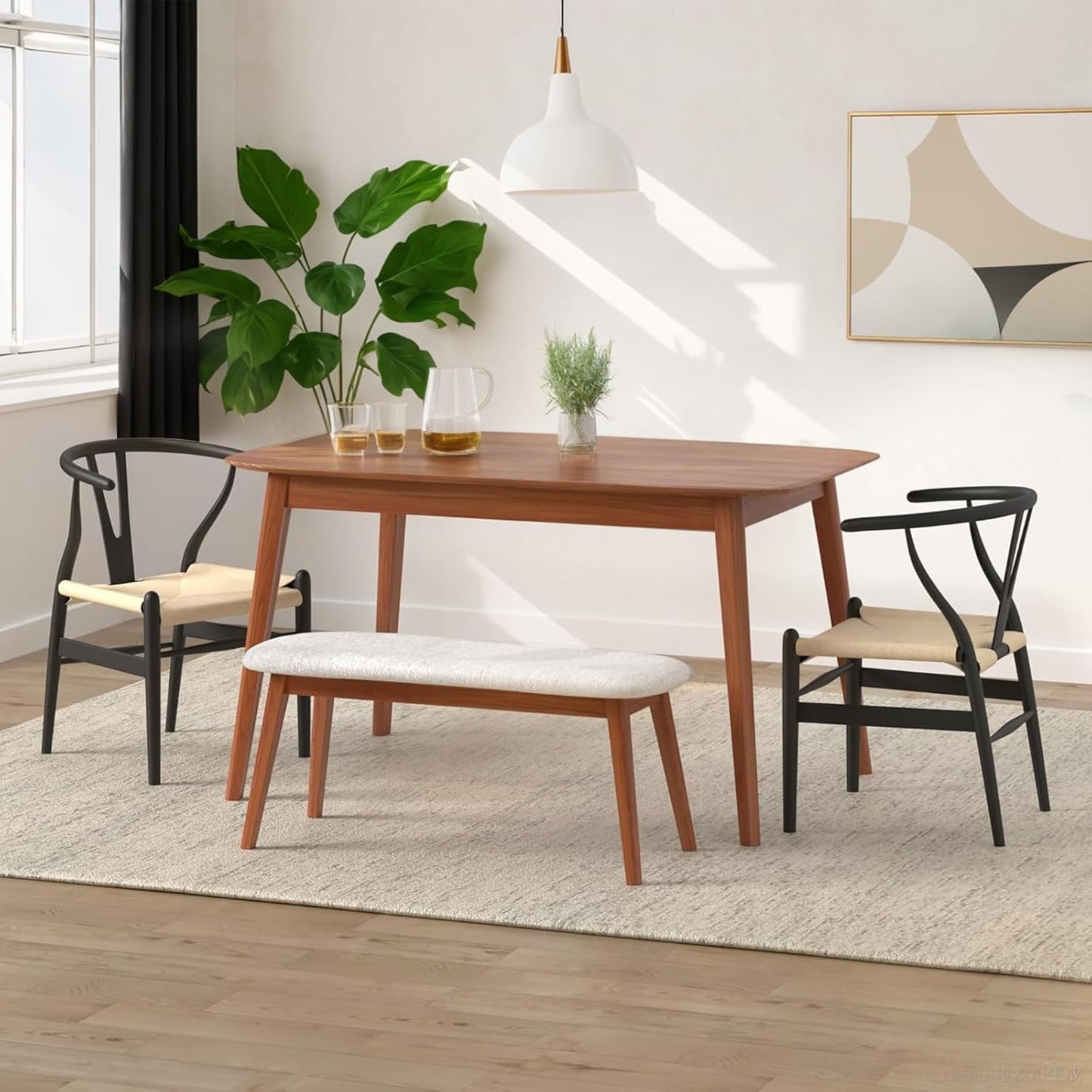 Wishbone Chair Natural Solid Wood Dining Chair/Hans Wegner Y Chair Rattan and Wood Accent Armrest Chairs - Ash Wood Chairs Set of 1 (Ash Wood - Black + Natural Color)