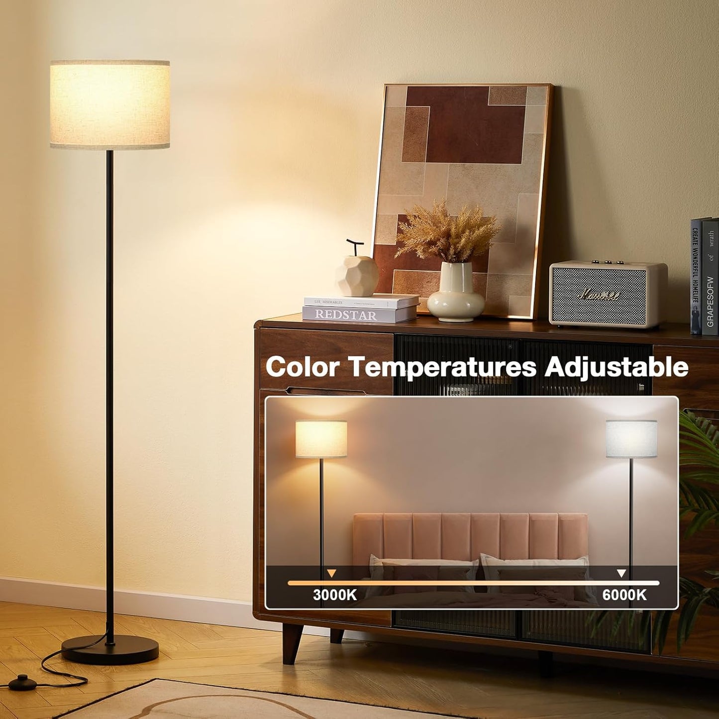 Ambimall 60'' Modern Floor Lamp with Remote, Tall Lamps for Living Room, Bedroom, Office, Dining Room, Beige Shade with Black Pole(Included Bulb)