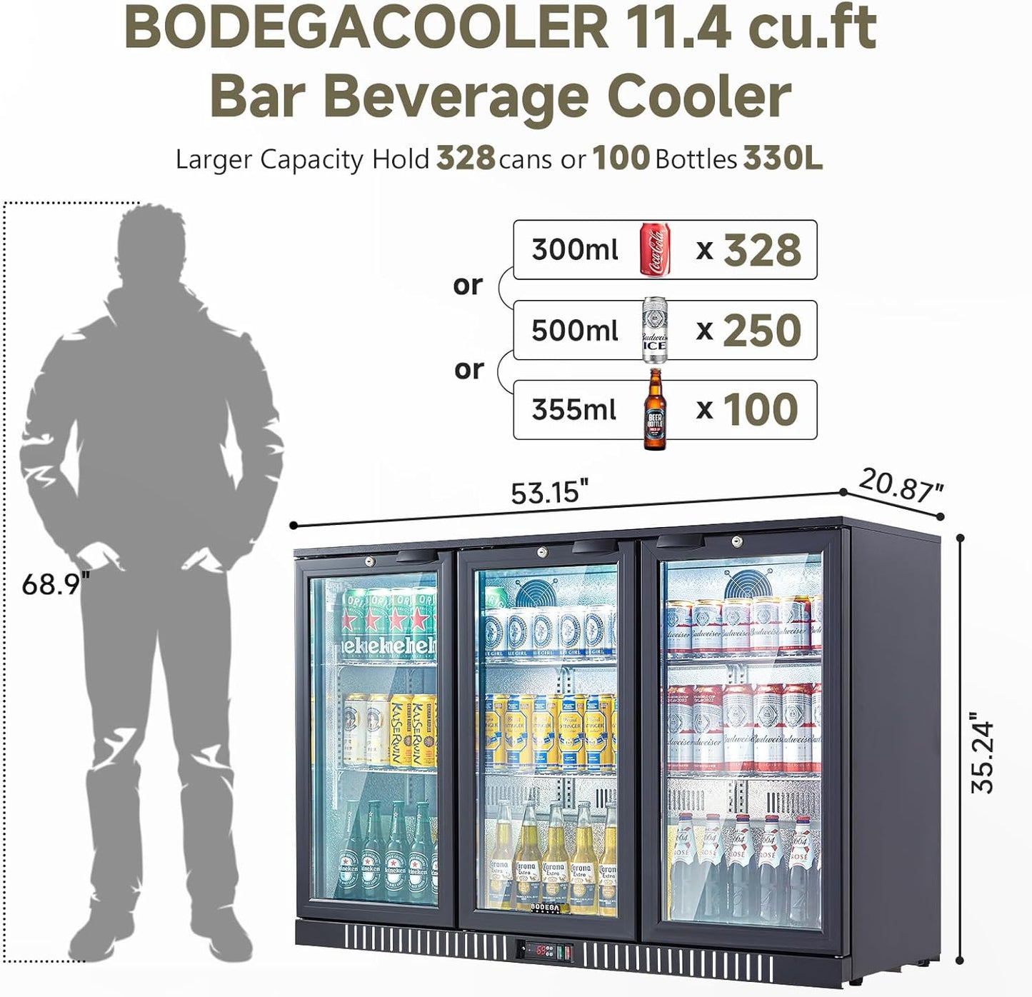BODEGACOOLER Back Bar Cooler With 3 Glass Doors,11.4 Cu.Ft Commercial Back Bar Fridge with LED Lighting,Counter Height Bar Outdoor Beverage Cooler for Beer,Soda Drinks,Wine