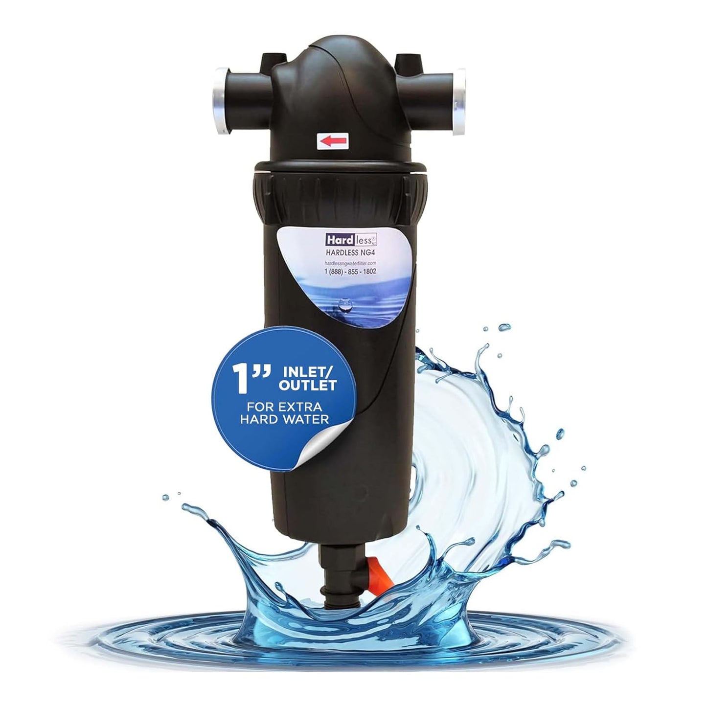 Hardless NG4L Whole House Water Filter - Salt-Free Softening Device - Reduces Limescale, Sediment & More - Compact, Easy to Install - Comes w/ 1" Inlet/Outlet - Filtration System for Extra Hard Water