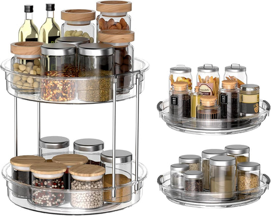 2 Pack Lazy Susan Organizer 9.25''and 11.81'' Two-Tier Lazy Susan Turntable for Cabinet, Spice Rack, and Pantry Storage - Spinning Makeup Organizer for Bathroom, Clear