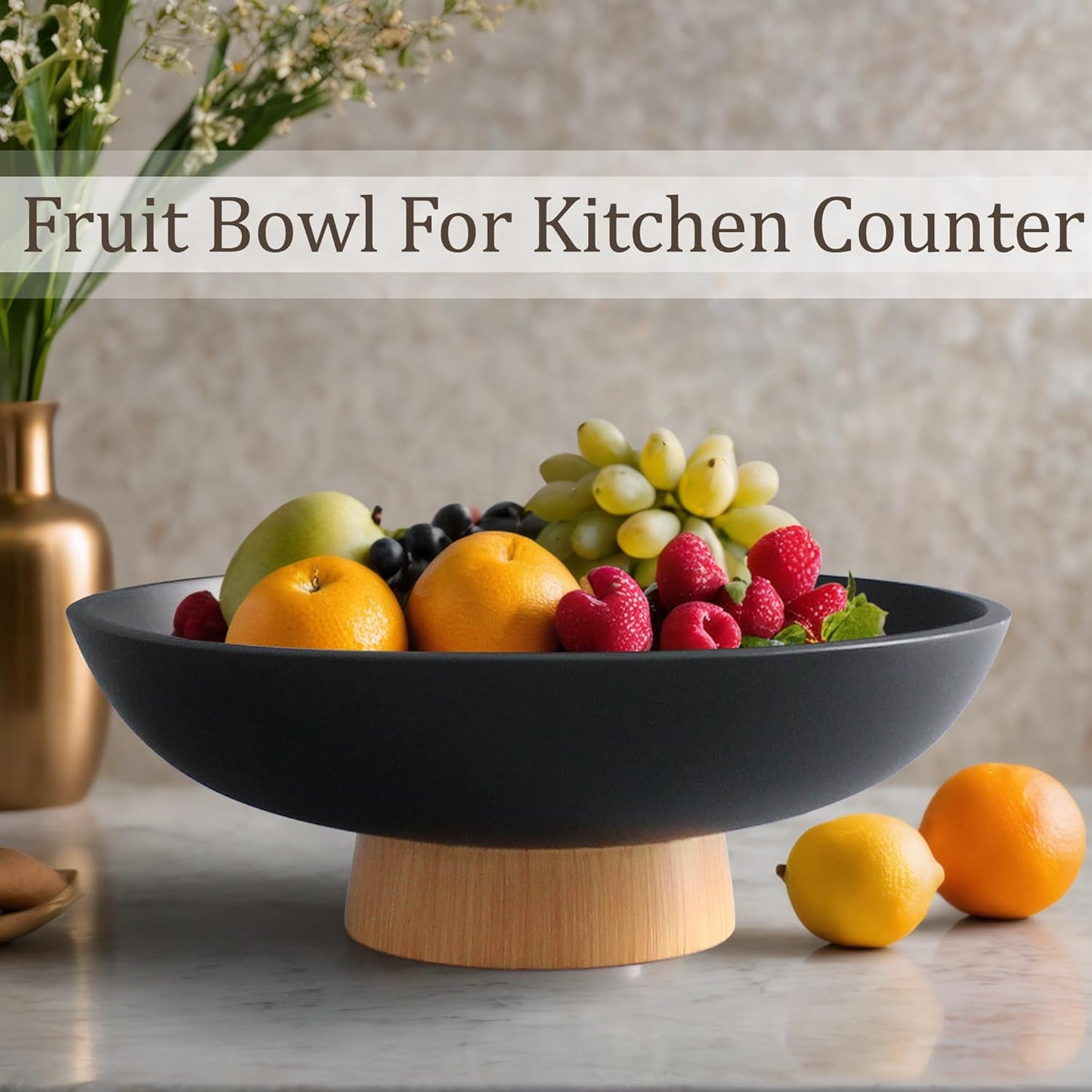 Modern Resin Pedestal Bowl – Large Fruit Bowl for Kitchen Counter, Catch All Tray for Entryway Table, Stylish Key Bowl & Dining Centerpiece, Black