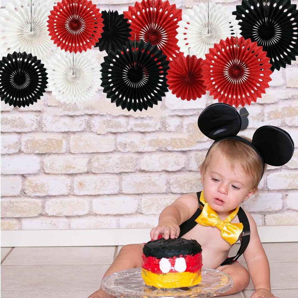 BEISHIDA Red Black White Hanging Honeycomb Round Paper Fans Decoration Tissue Paper Fan Garland for Birthday Christmas Wedding Party Supplies（11packs）