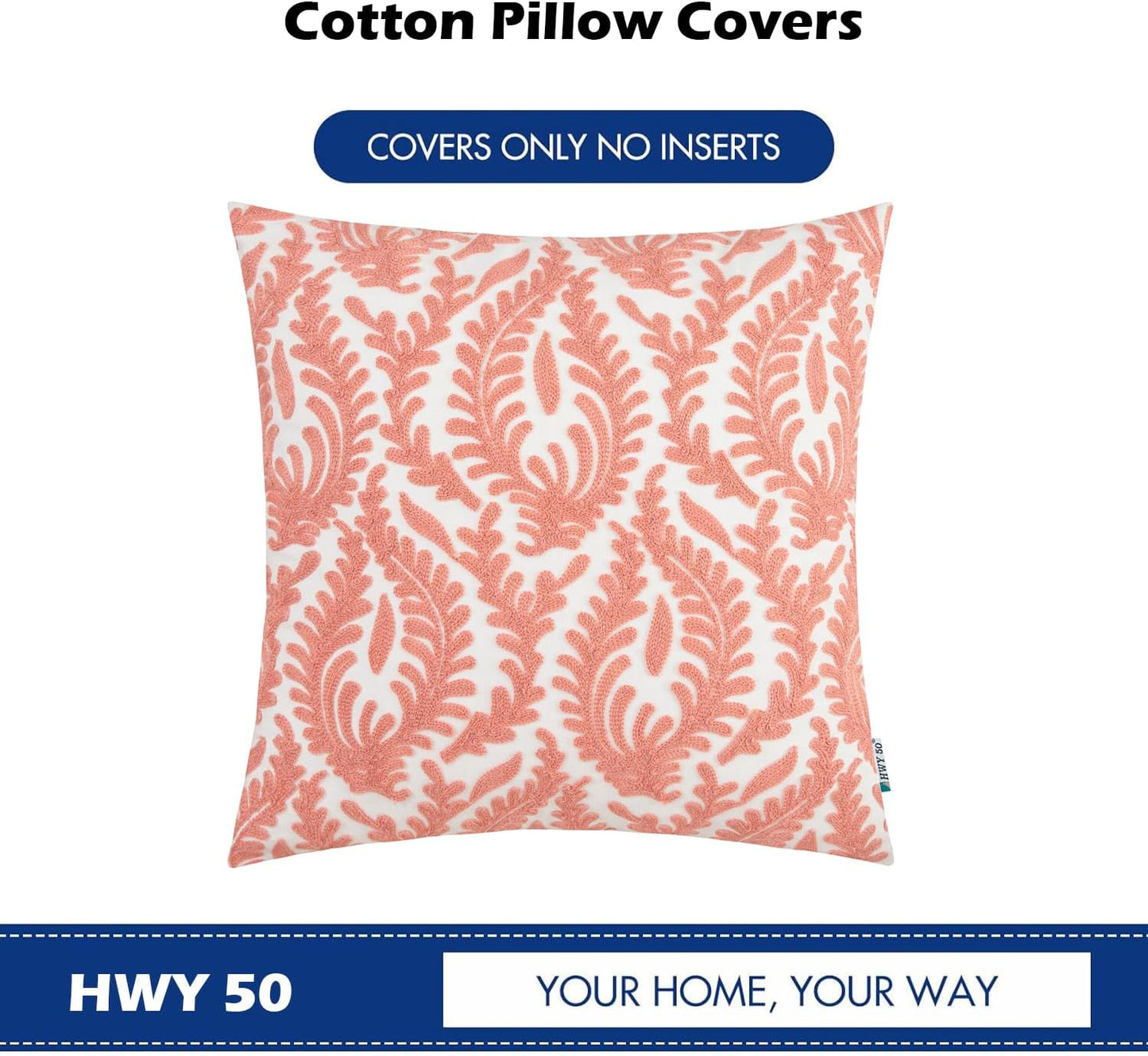 HWY 50 Coral Pink Decorative Throw Pillow Covers 18x18 Inch (1 Piece), Embroidered Cotton Farmhouse Cushion Cover Pillow Case for Sofa Couch Living Room Bed Bedroon, Floral Branches