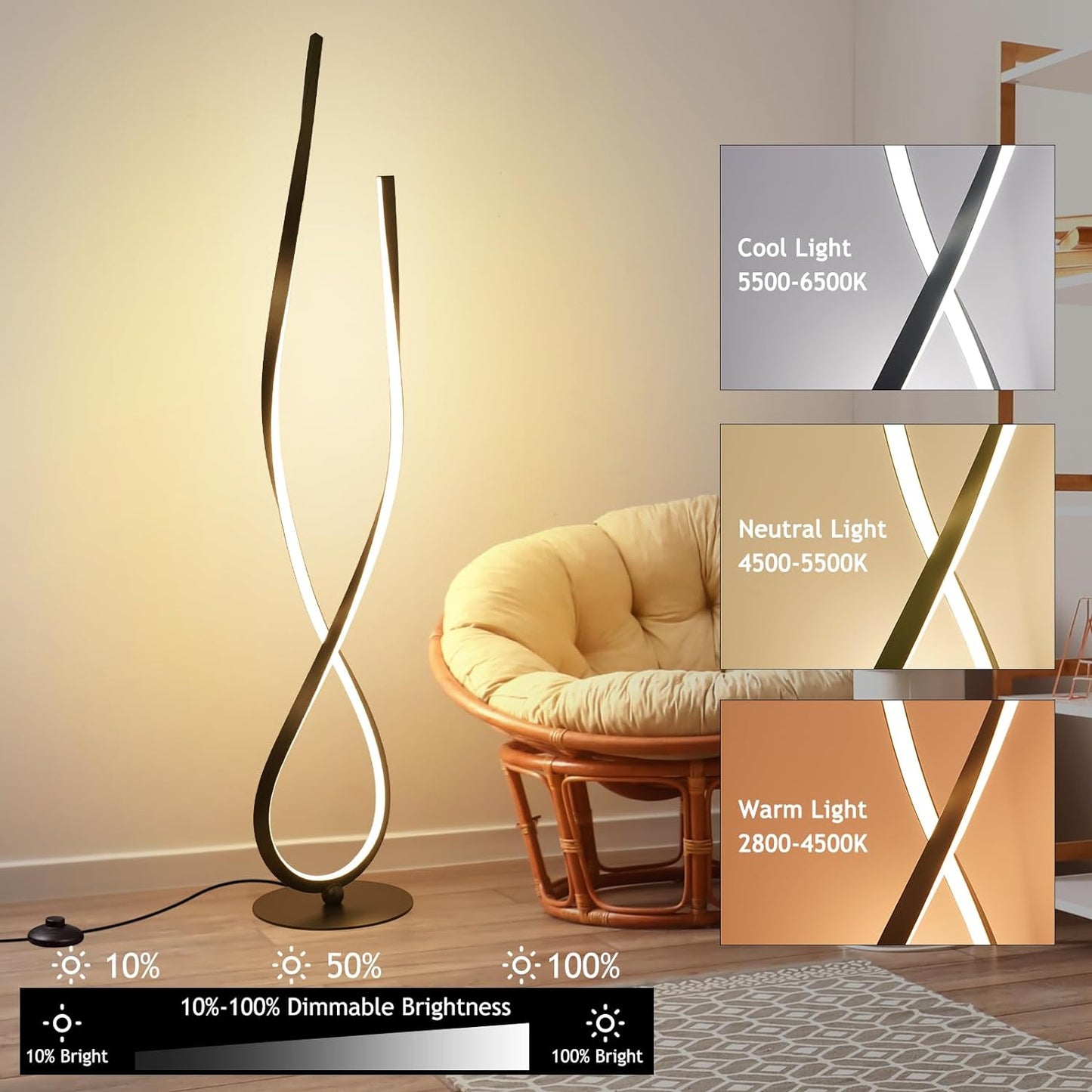 NUÜR Spiral Floor Lamp, 59" Tall Black LED Modern Standing Floor Lamp with Remote Control, Arched Bright Floor Lamps for Living Room Bedroom Office Home (Spiral Floor Lamp)