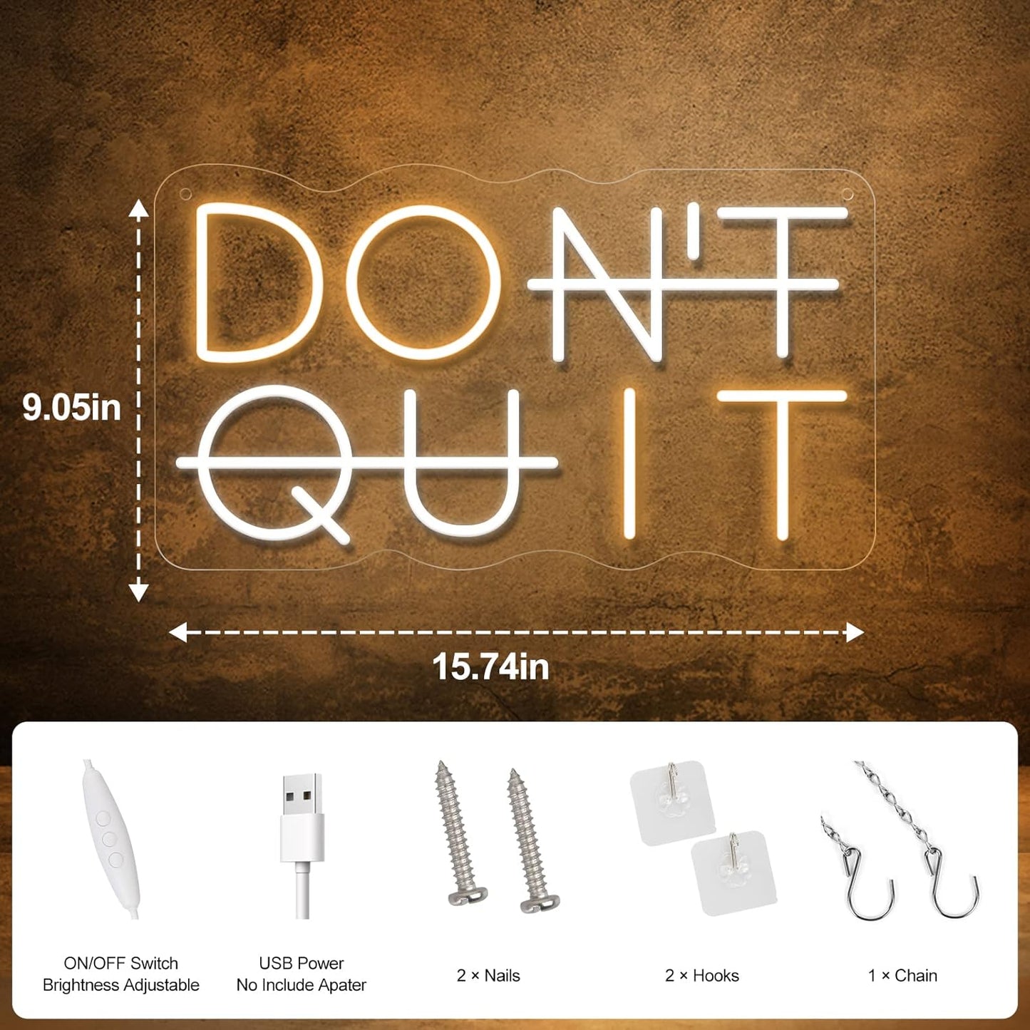 Don't Quit LED Neon Sign for Wall Decor, DO IT Neon Lights Party Decorations, USB Powered Switch Neon Lights lighting adjustable for Office Room, Gym Room, Man Cave, Gamer Room