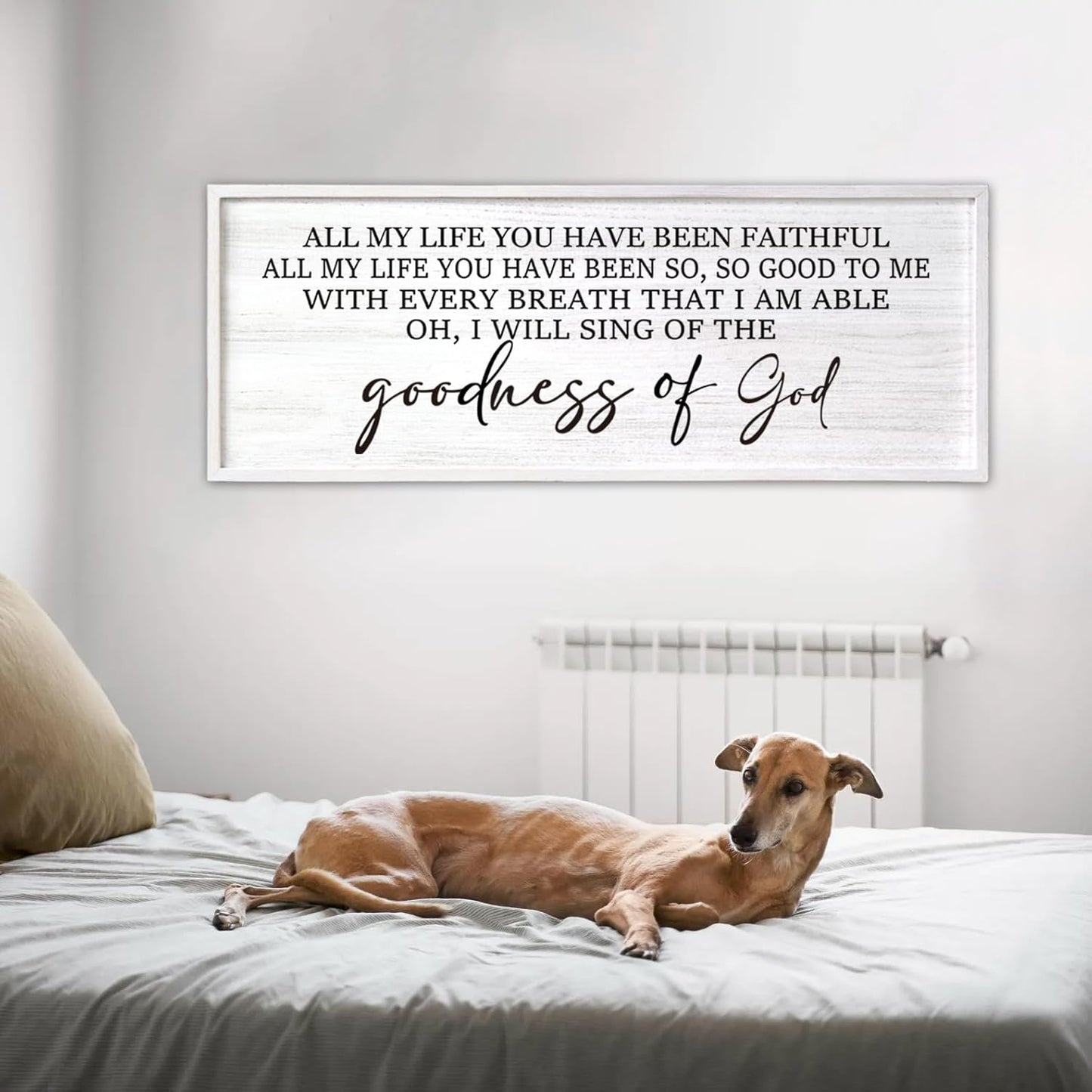 Goodness of God Framed Wall Art, 40''×15'' Positive Religious White Bible Verse for Christian God Jesus Christ Prayer, Vintage Rustic Long Holy Catholic Scripture Decor